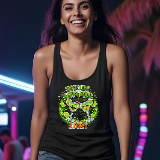 Funny Margarita Racerback Tank Top – “We’re Like Happy Hour, 2 For 1” – Cute Couples Drinking Shirt – Summer Vacation Party Top