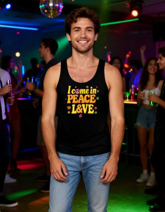I Come in Peace and love - Tank top- Groovy Matching Retro Shirt-, bright 70's vibe, Couple shirt