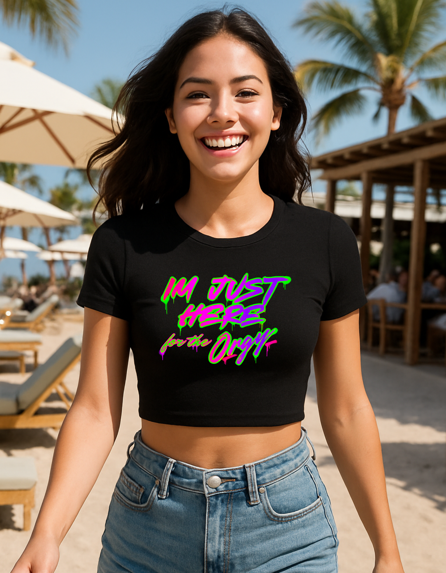 🔥 Just Here for the Orgy 😈 – Women’s Baby Crop Tee