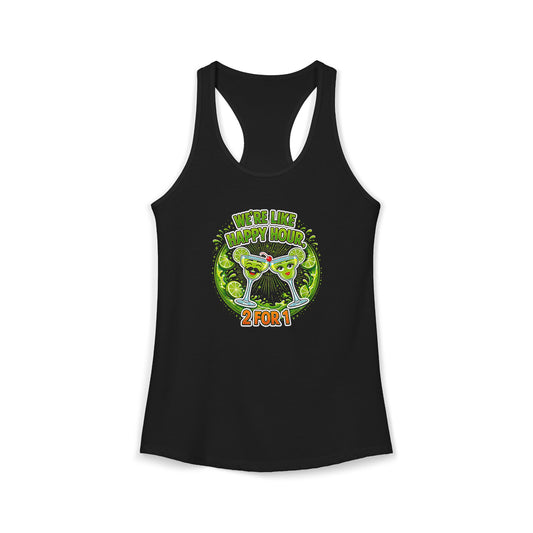 🔥 Funny Margarita Racerback Tank Top – “We’re Like Happy Hour, 2 For 1” – Cute Couples Drinking Shirt – Summer Vacation Party Top